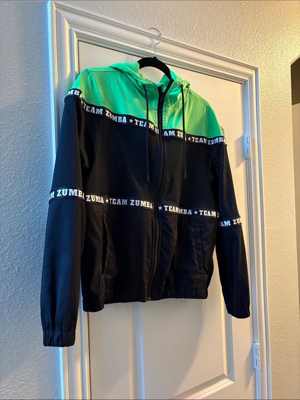 Zumba Fitness Black and Neon Green Team Zumba Varsity Jacket
